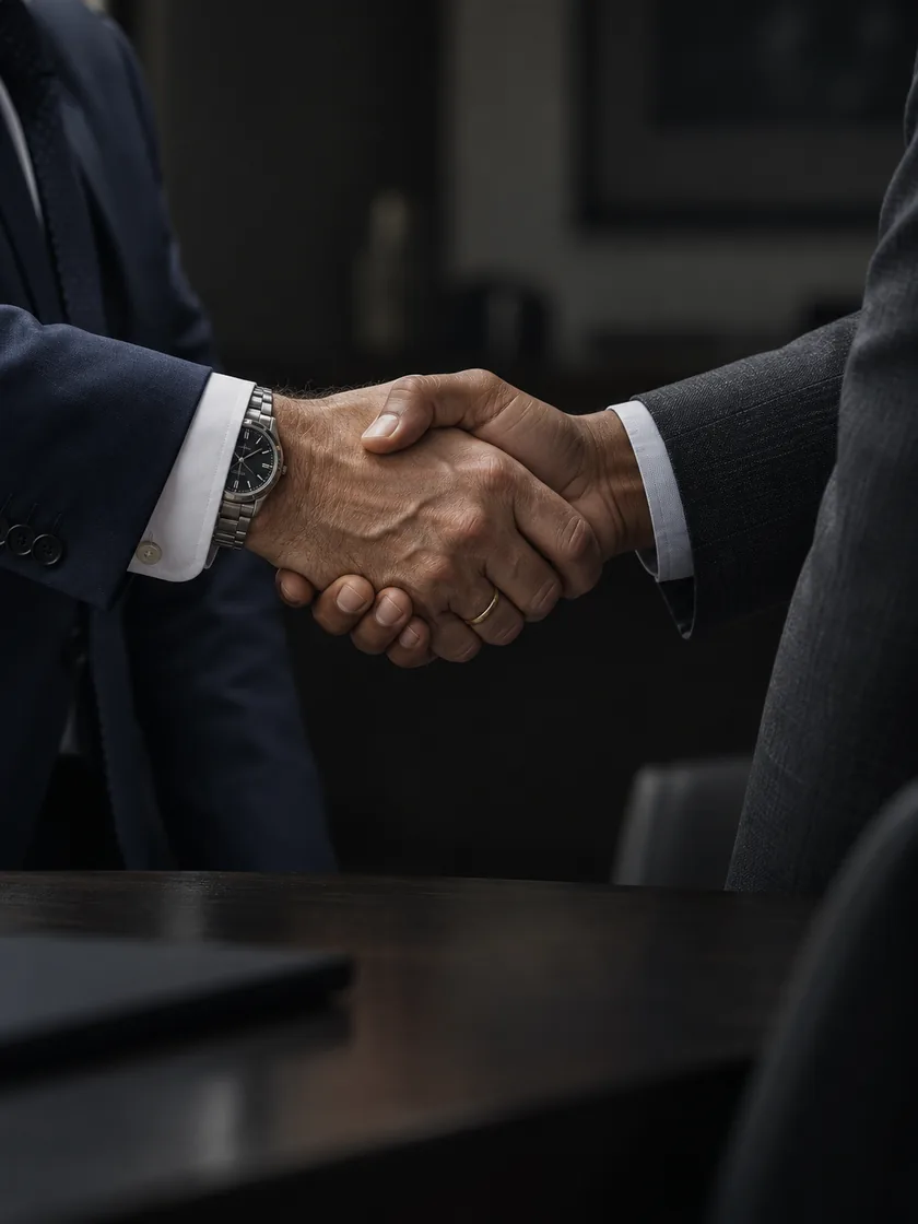Aperto de mãos entre dois executivos, fechando um acordo