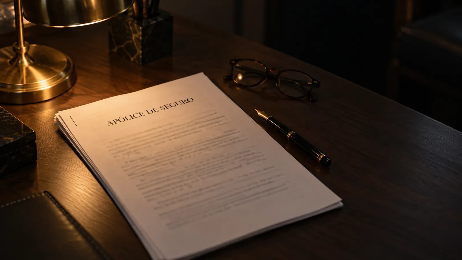 Apólice impressa sobre uma mesa de madeira escura, sob a luz de um abajur