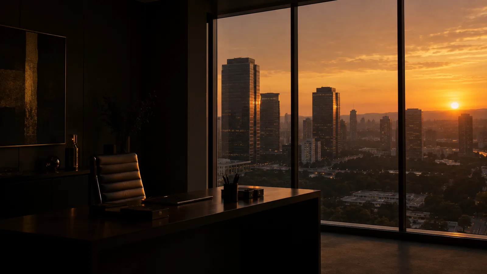 Vista de um escritório em Alphaville ao entardecer, com as torres da cidade pela janela